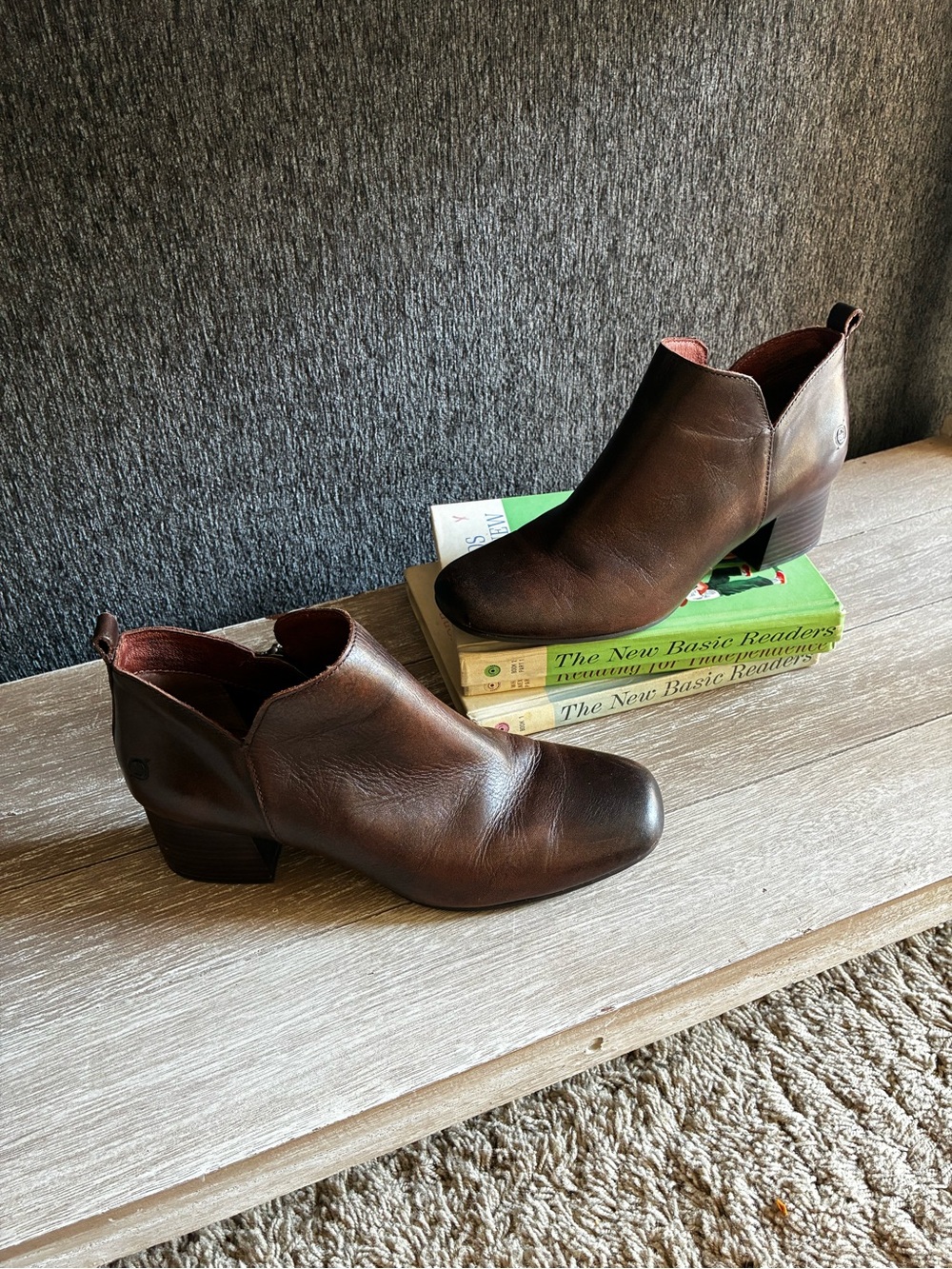 Born Dark Brown Leather Ankle Booties with Low Stacked Heel